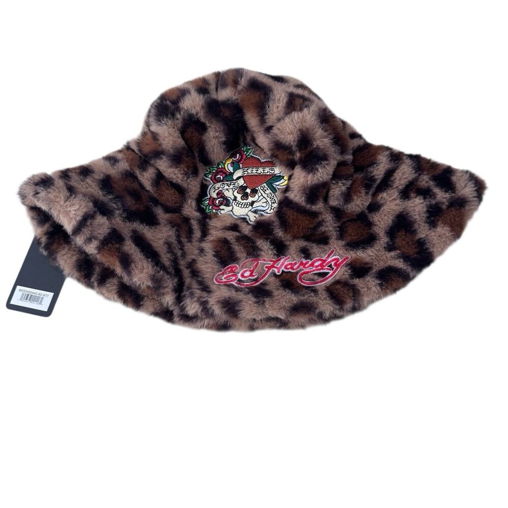 Ed Hardy Faux Fur Leopard Print Bucket Hat Embroidered Skull Logo NWT